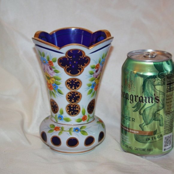 Czech Bohemian Cobalt Blue Cased to White Glass Large Hand Painted VASE LOT 4356 - Picture 2 of 4